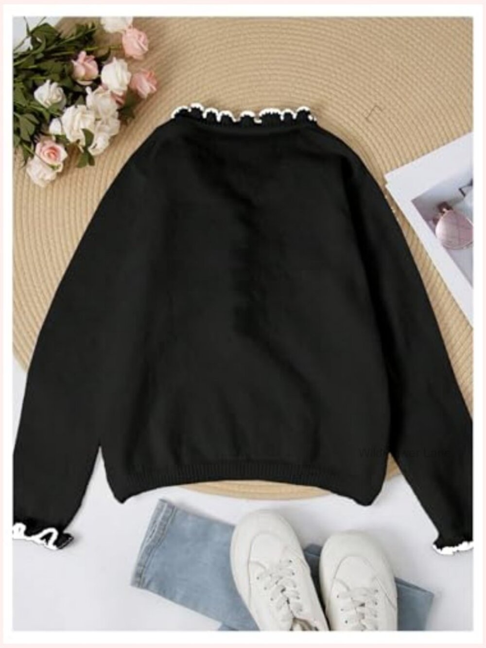 Long Sleeve Ruffle V-Neck Pullover Sweater with Button Front - Picture 2 of 4